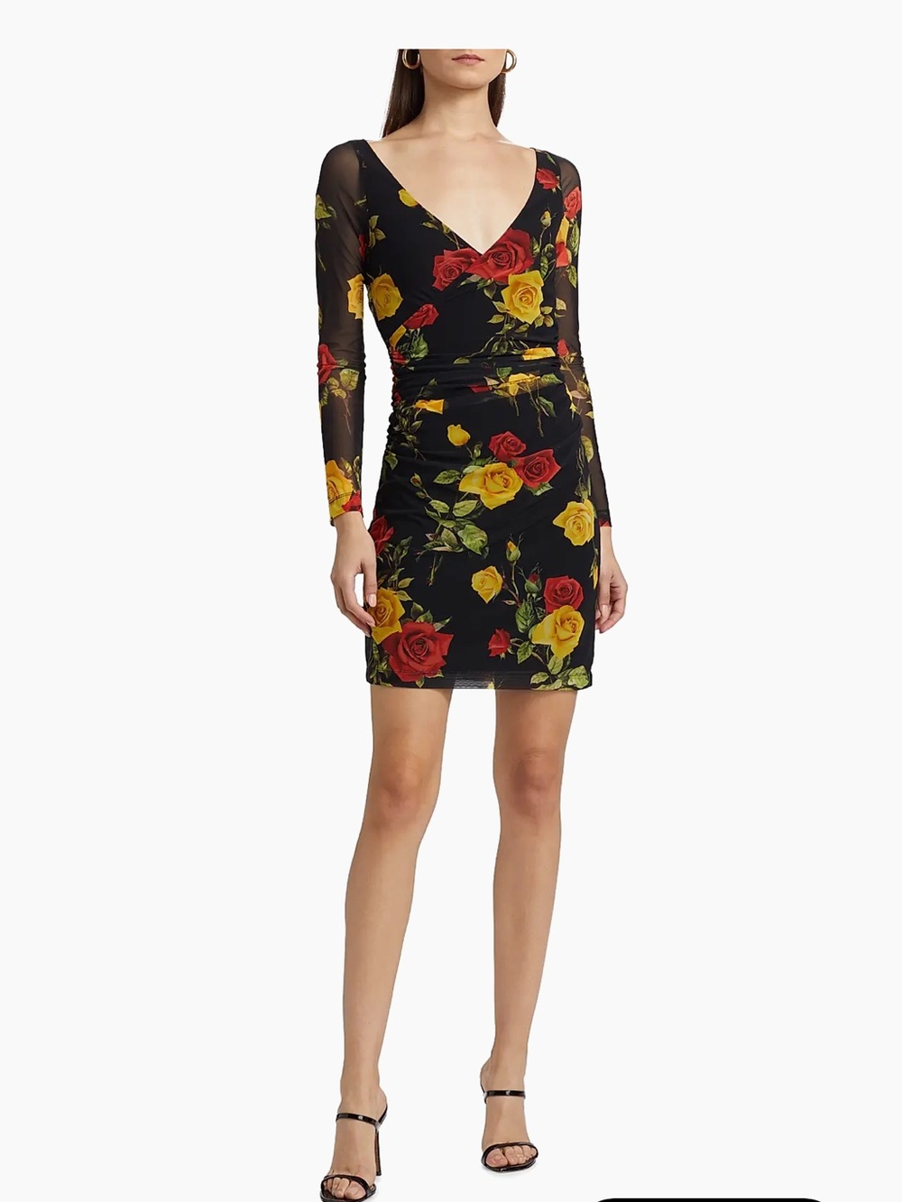 L'AGENCE Black Floral V-Neck Long Sleeve Mini Dress with Red & Yellow Roses sz 6